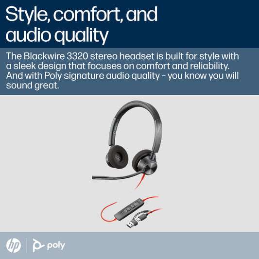 HP Poly Blackwire 3320 Stereo Microsoft Teams Certified USB-C Headset +USB-C/A