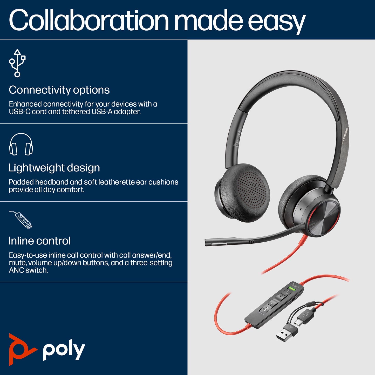 HP Poly Poly Blackwire 8225 Microsoft Teams Certified USB-C Headset