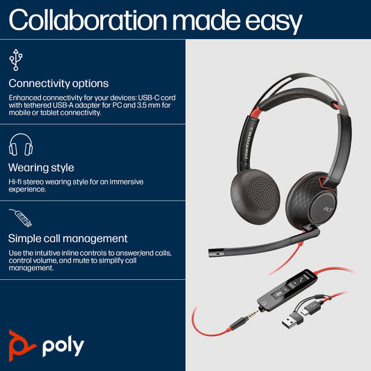 HP Poly Blackwire 5220 Stereo USB-C Headset +3.5mm Plug +USB-C/A Adapter (Bulk)