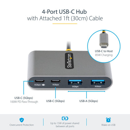 StarTech.com 4-Port USB-C Hub with 100W Power Delivery Pass-Through - 2x USB-A + 2x
