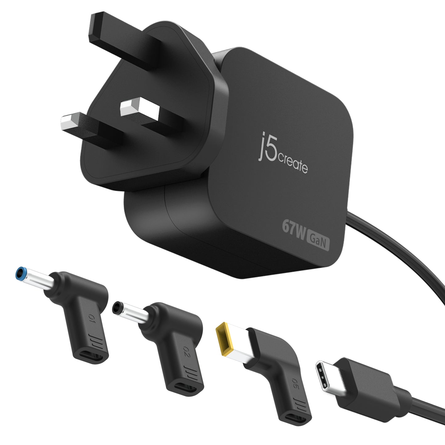 j5create JUP1565DCF3A-FN 67W GaN PD USB-C® Mini Charger with 3 Types of DC Connector