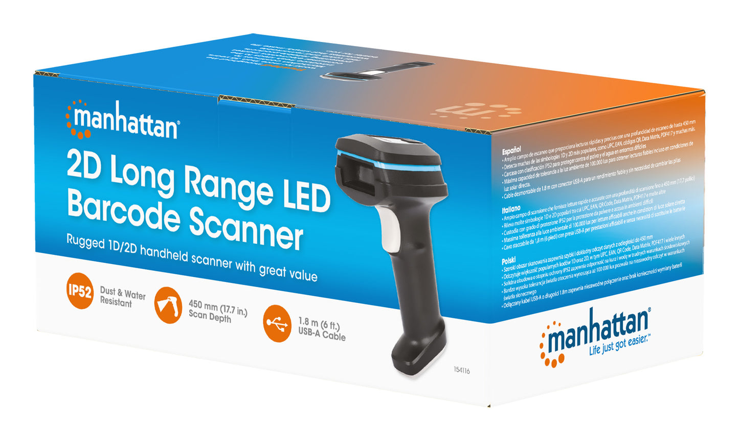 Manhattan 2D Long Range LED Barcode Scanner, USB, 450mm Scan Depth, Max Ambient