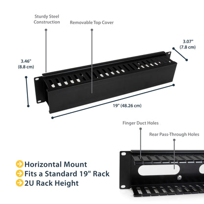 StarTech.com Horizontal 2U Server Rack Cable Management Finger Duct w/ Cover - 19"