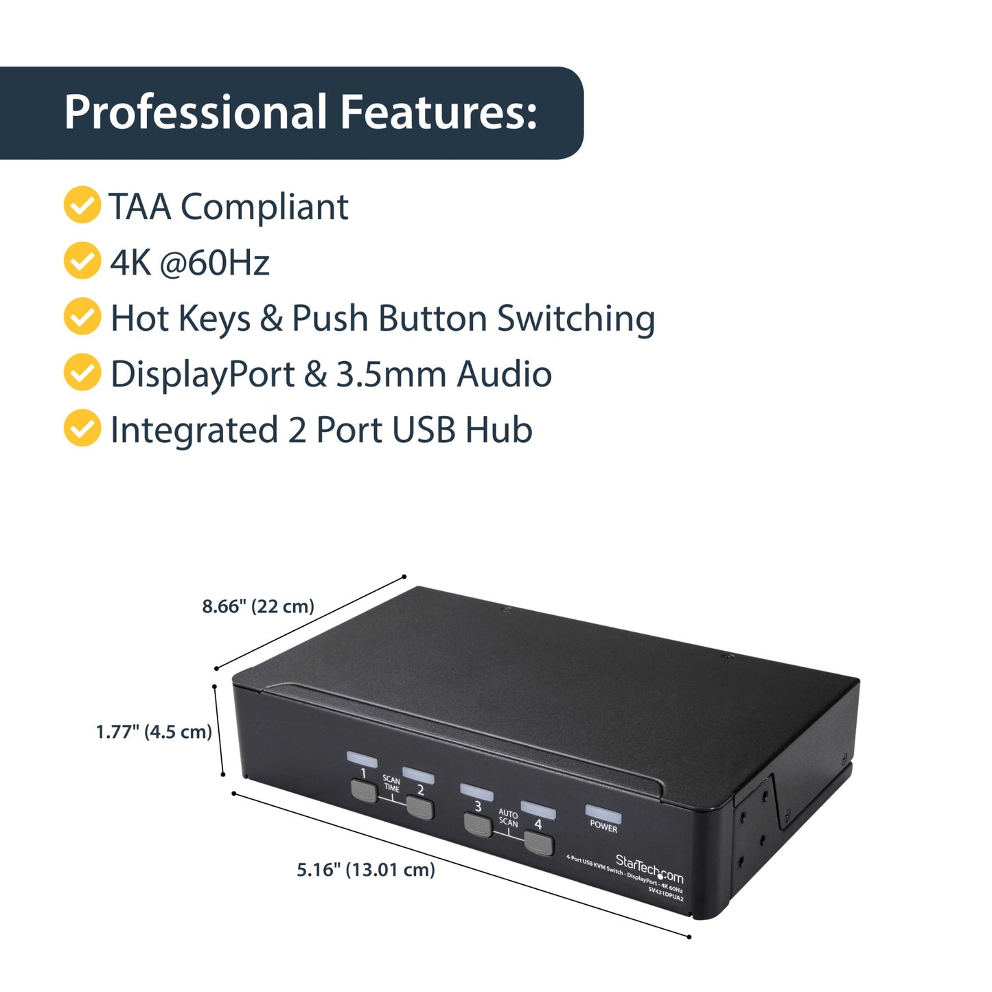 StarTech.com 4 Port DisplayPort KVM Switch - 4K 60Hz - Single Display - Dual Port