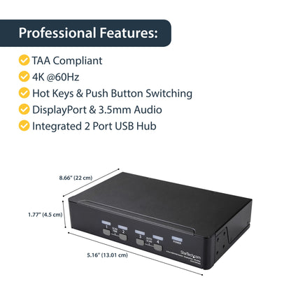 StarTech.com 4 Port DisplayPort KVM Switch - 4K 60Hz - Single Display - Dual Port