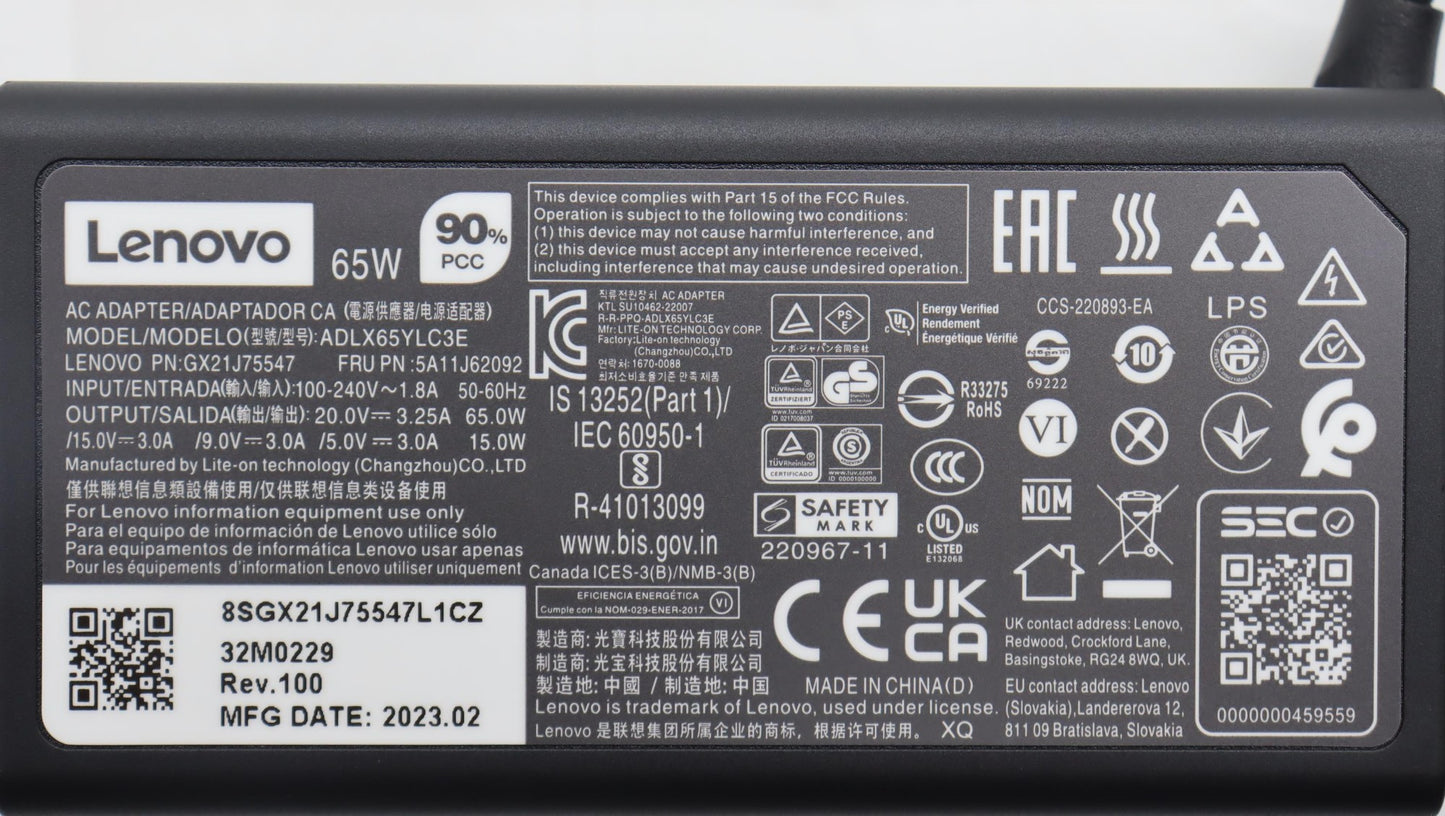 Lenovo 5A11J62092 power adapter/inverter Indoor 65 W Black Charger