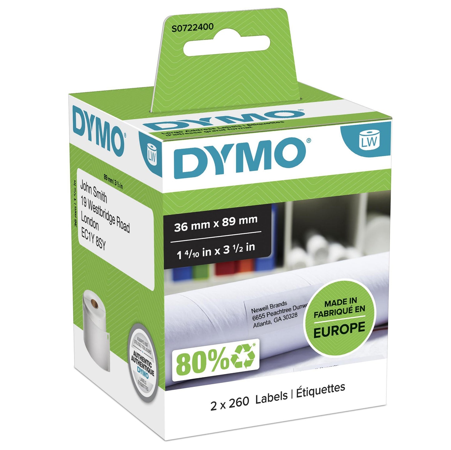 DYMO 99012/S0722400 DirectLabel-etikettes 89mm x36mm Pack=2 for Dymo 400 Duo/60mm Labels
