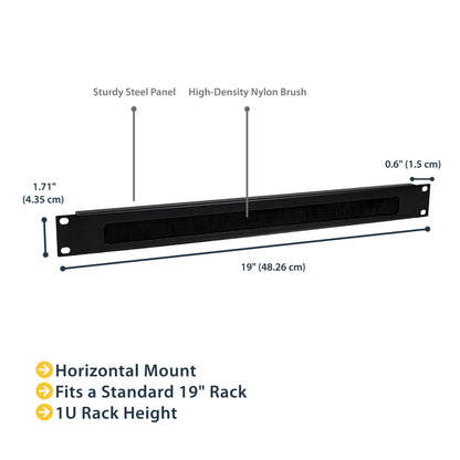 StarTech.com 1U High-density Brush Strip Cable Management Panel, Sturdy Steel Rack