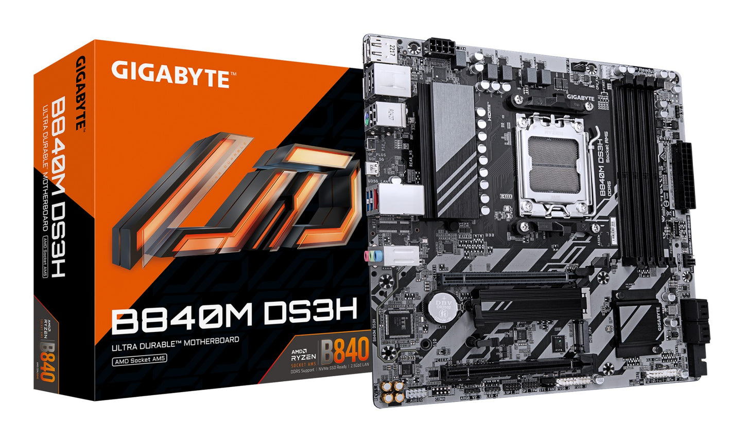 Gigabyte B840M DS3H Motherboard - AMD Ryzen 9000 CPUs, 8+2+2 Phases VRM, up to