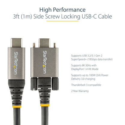 StarTech.com 3ft (1m) USB-C Cable, Side Screw Locking, USB 10Gbps, 100W (5A) Power