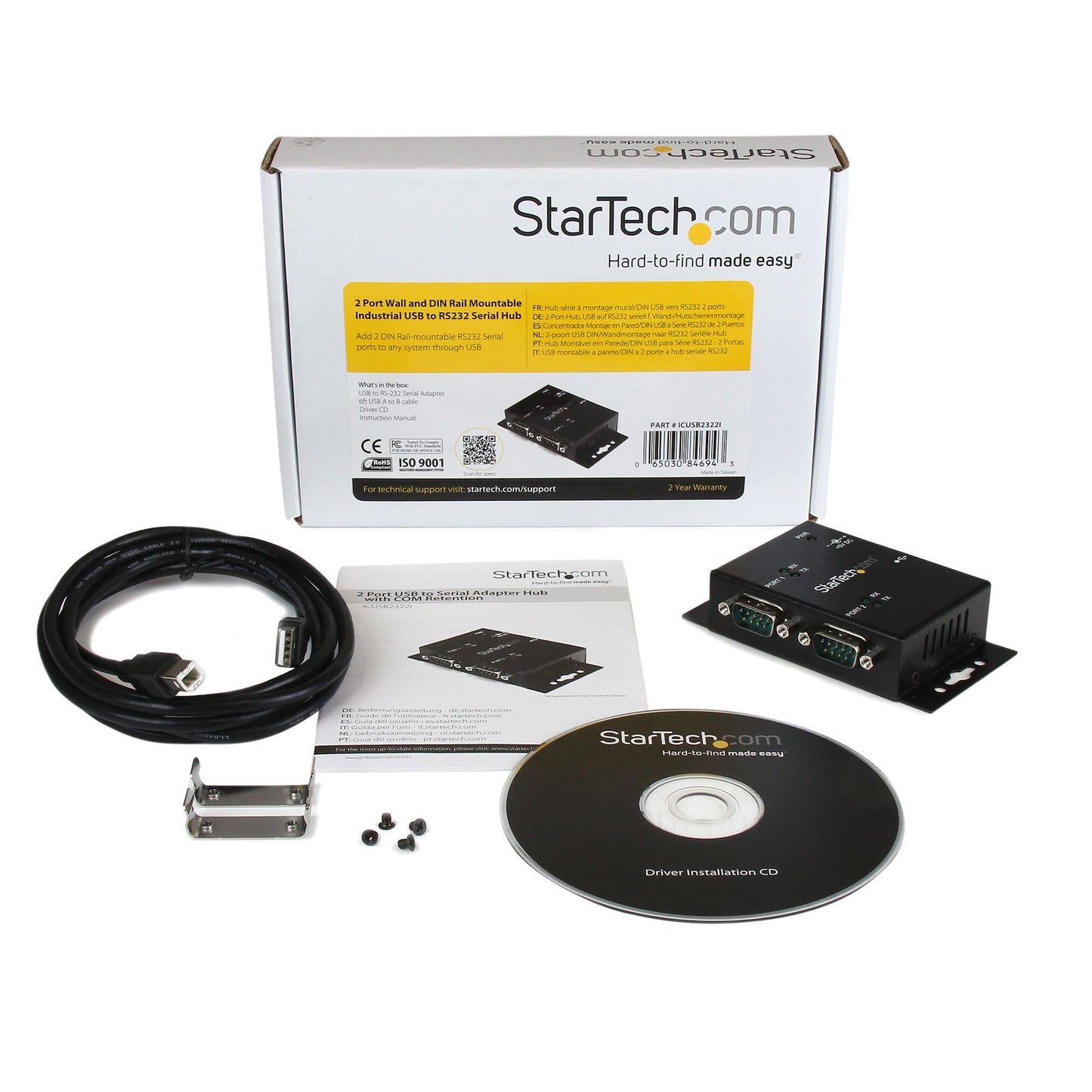 StarTech.com 2 Port Industrial Wall Mountable USB to Serial Adapter Hub with DIN