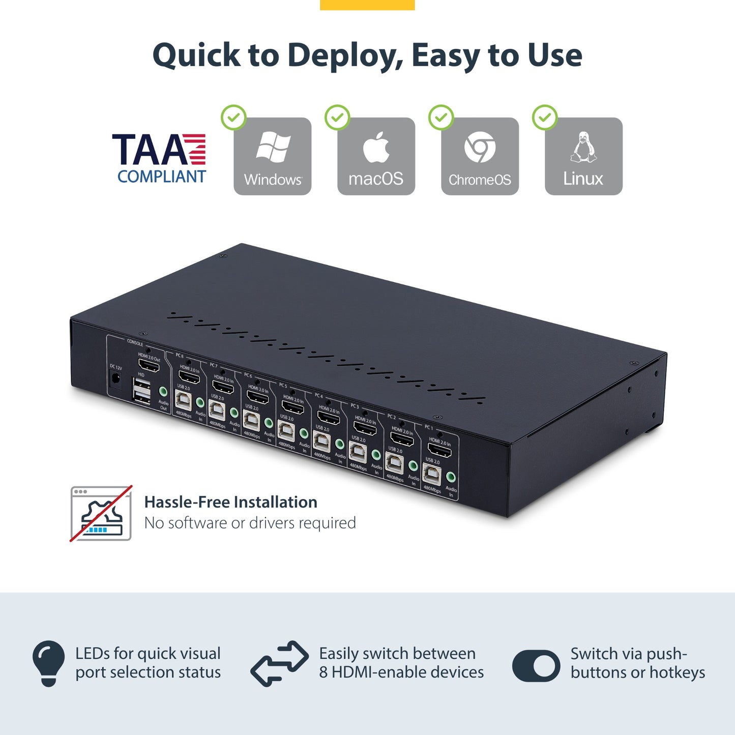 StarTech.com 8-Port HDMI KVM Switch with 1U Rack Mount Kit, 4K 60Hz HDMI 2.0
