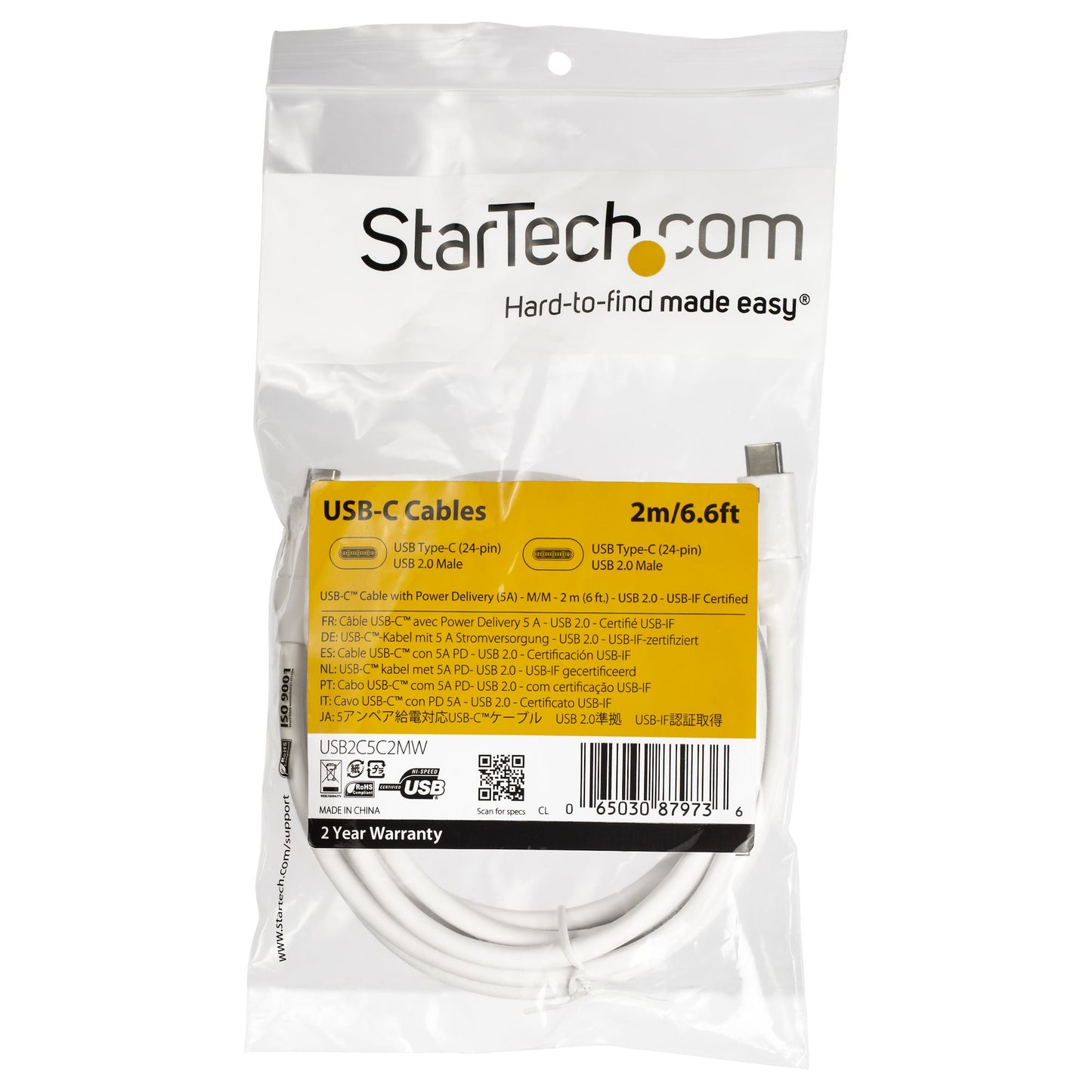 StarTech.com 6.6ft (2m) USB-C Fast Charging Cable, Charge & Sync, 100W (5A) PD, USB (White)
