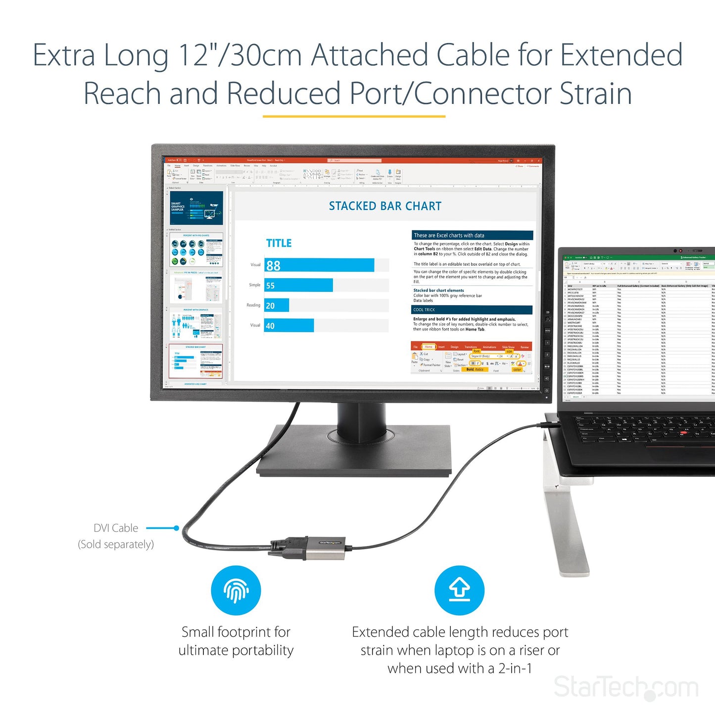 StarTech.com USB C to DVI Adapter - 1920x1200p USB-C to DVI-D Adapter Dongle - USB Hub