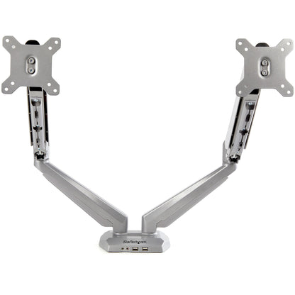 StarTech.com Desk Mount Dual Monitor Arm with USB & Audio, Desk Clamp VESA Mount for (Silver)