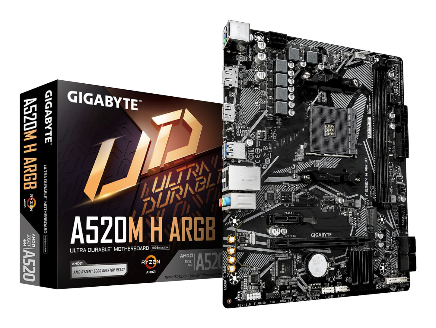 Gigabyte A520M H ARGB Motherboard - Supports AMD Ryzen 5000 Series CPUs, up to
