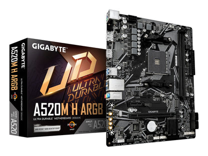 Gigabyte A520M H ARGB Motherboard - Supports AMD Ryzen 5000 Series CPUs, up to