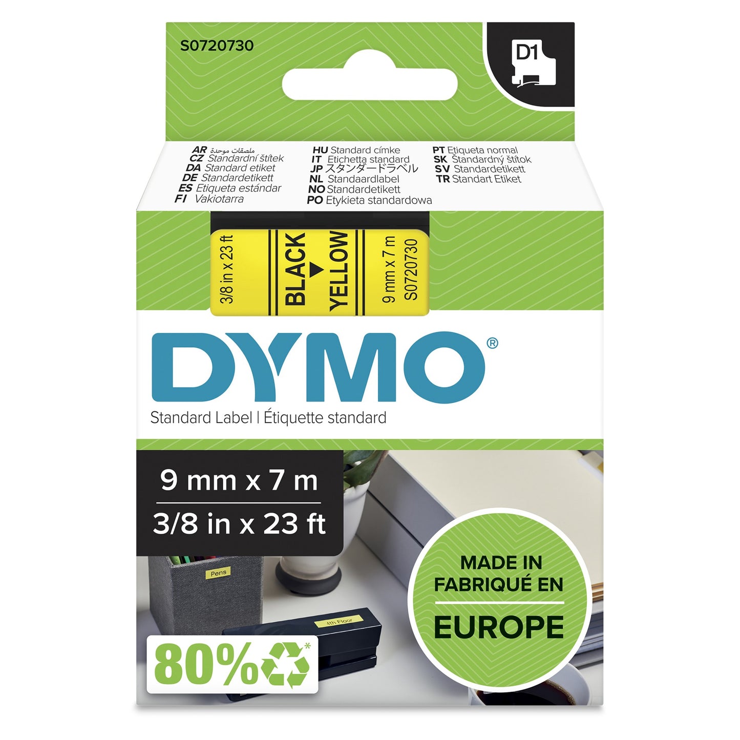 DYMO 40918/S0720730 DirectLabel-etikettes black on yellow 9mm x 7m for Dymo D1 Labels