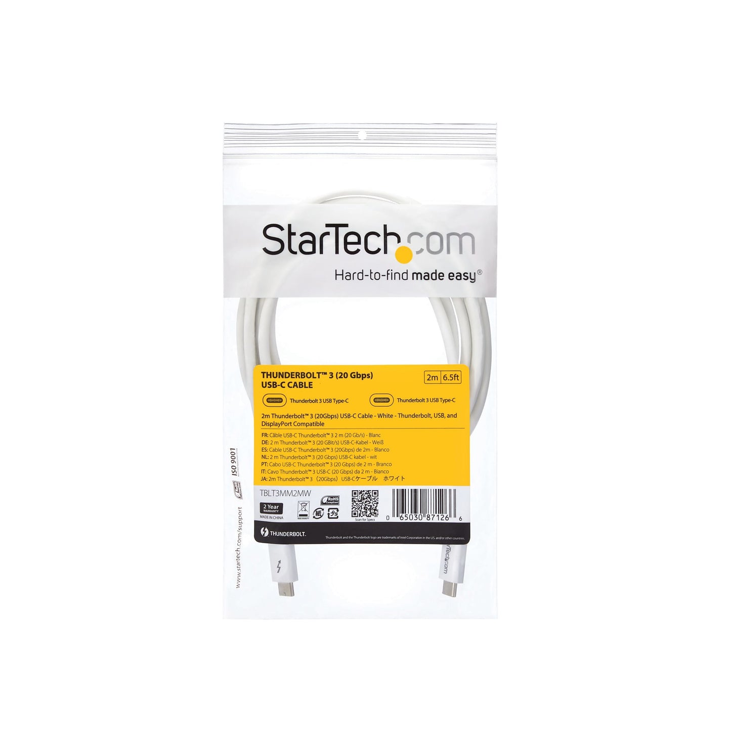 StarTech.com 6.6ft (2m) Thunderbolt 3 Cable, 20Gbps, 100W PD, 4K, Thunderbolt