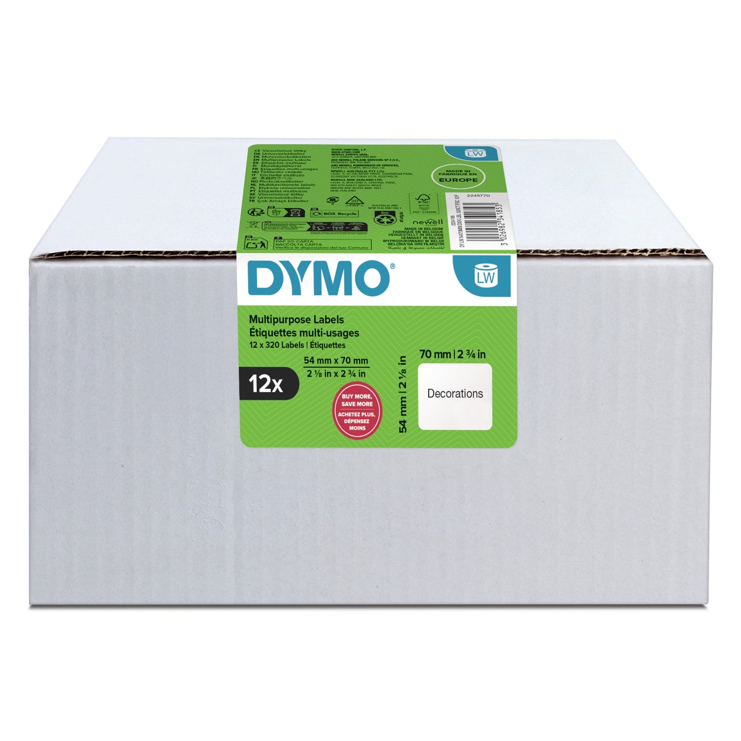 DYMO Authentic LabelWriter Multi-Purpose Labels | 54 mm x 70 mm | Self Adhesive | 12