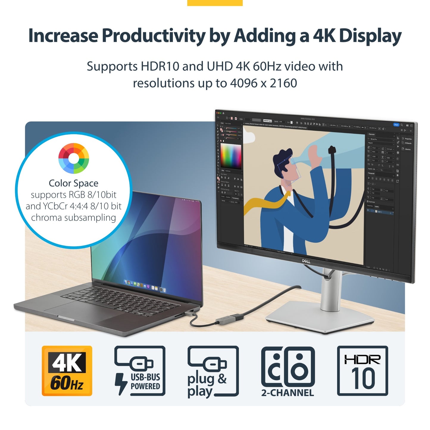 StarTech.com USB-C to HDMI Adapter, 4K 60Hz Video, HDR10, USB-C to HDMI Monitor Hub
