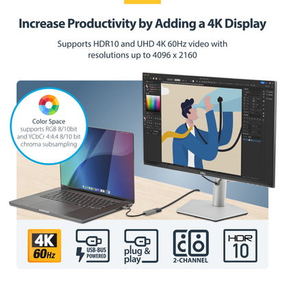StarTech.com USB-C to HDMI Adapter, 4K 60Hz Video, HDR10, USB-C to HDMI Monitor Hub