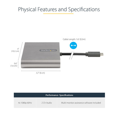 StarTech.com USB C to Quad HDMI Adapter, USB-C to 4x HDMI Monitor Converter for Hub