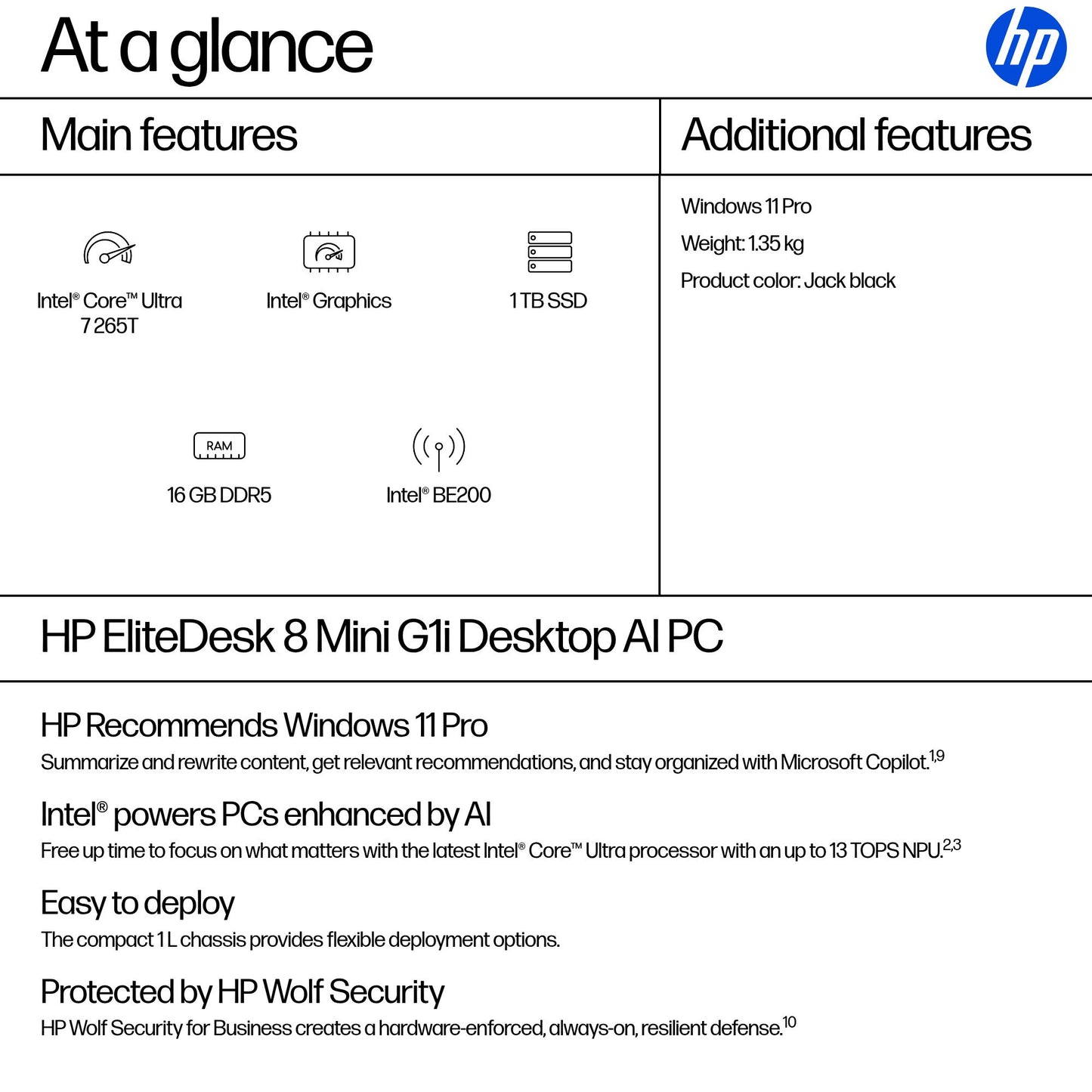 HP EliteDesk 8 Core Ultra 7 265T 16GB 1TB SSD Mini PC