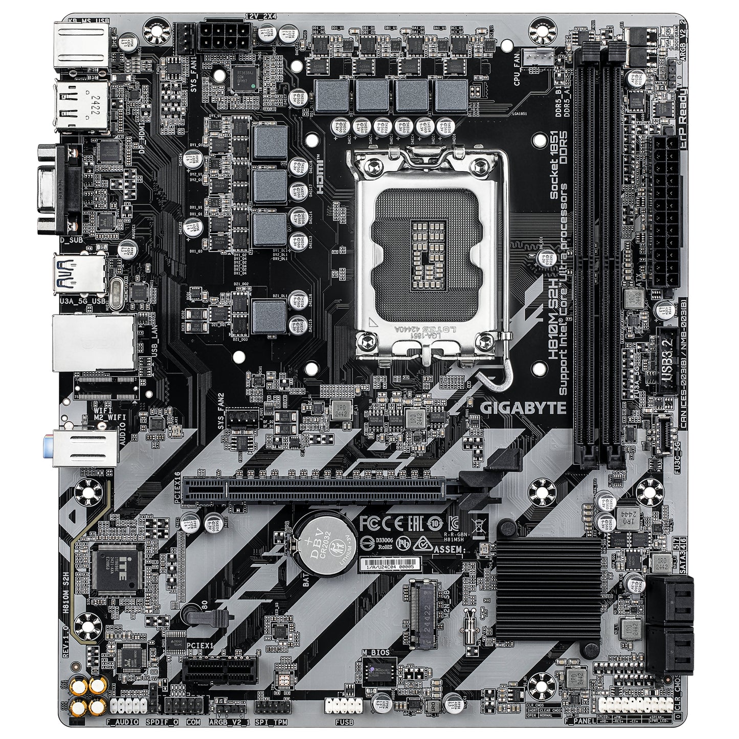 Gigabyte H810M S2H Motherboard - Intel Core Ultra (Series 2) CPUs, 4+1+2 Phases VRM