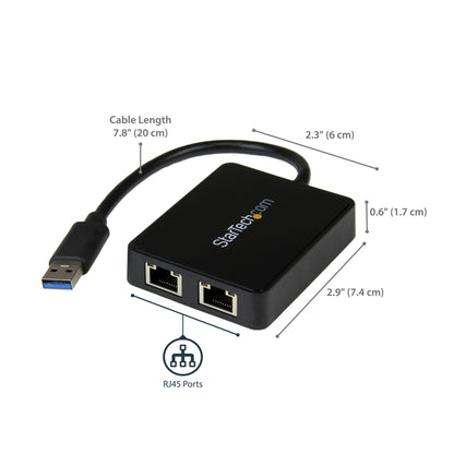 StarTech.com USB 3.0 to Dual Port Gigabit Ethernet Adapter w/ USB Port, 10/100/1000