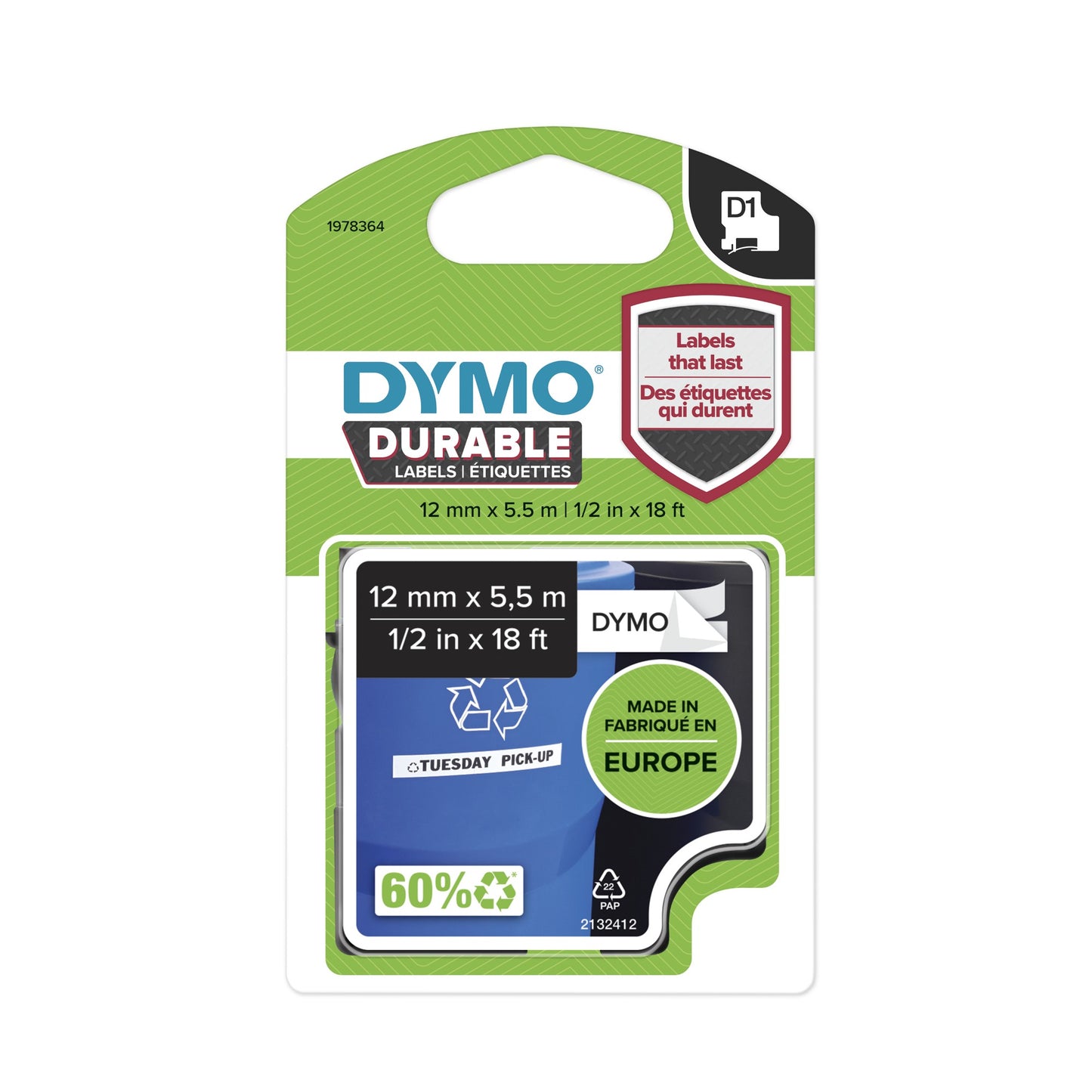 DYMO 1978364 DirectLabel-etikettes black on white Vinyl 12mm x 5,5mm for Dymo D1 Labels