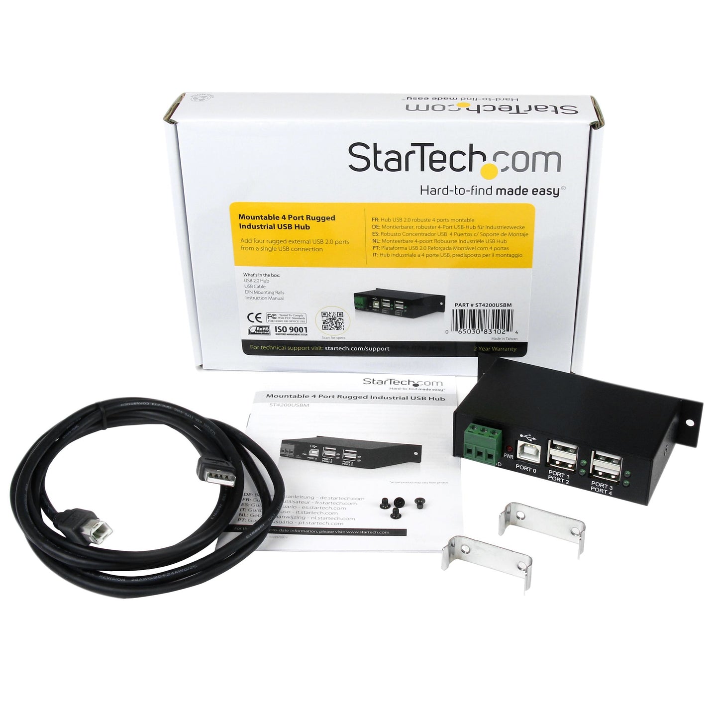 StarTech.com 4-Port USB 2.0 Hub - Metal Industrial USB-A Hub - Din Rail, Wall or