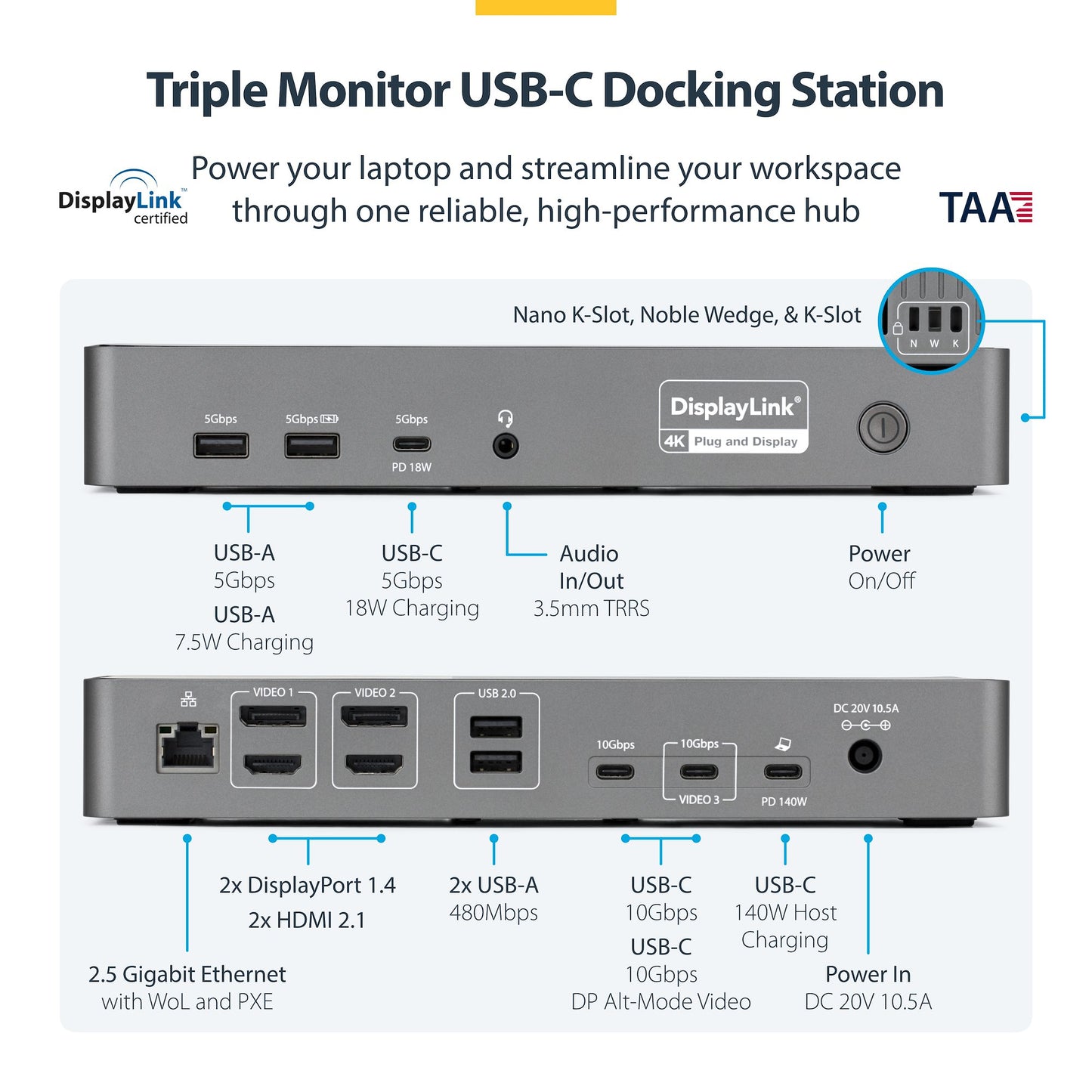 StarTech.com Triple-Monitor USB-C Docking Station 140W