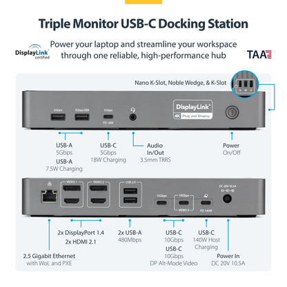 StarTech.com Triple-Monitor USB-C Docking Station 140W