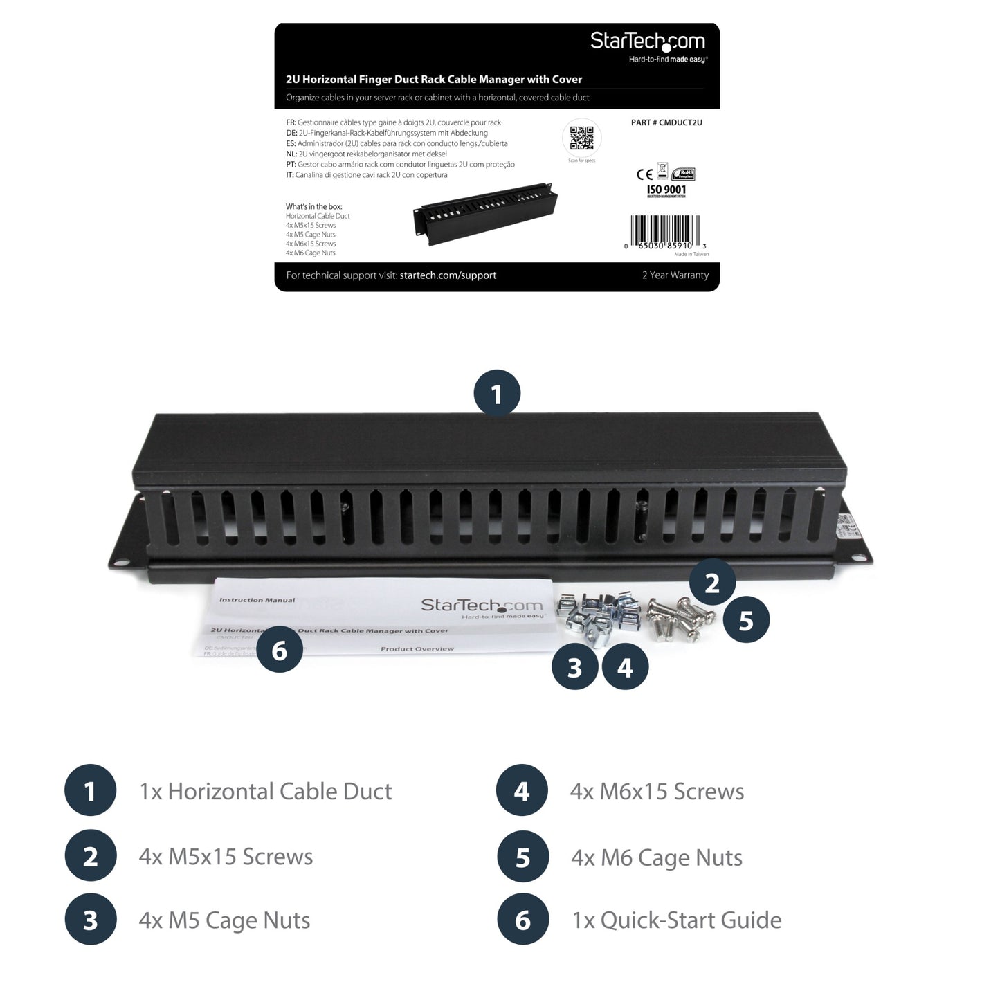 StarTech.com Horizontal 2U Server Rack Cable Management Finger Duct w/ Cover - 19"