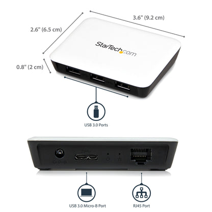 StarTech.com USB 3.0 to Gigabit Ethernet NIC Network Adapter with 3 Port Hub - White