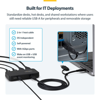 StarTech.com 4-Port USB-A Hub, 5Gbps, Self-Powered, 2-in-1 USB-C and USB-A Host