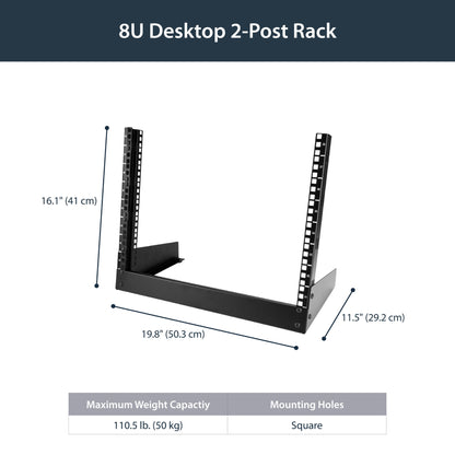 StarTech.com 2-Post 8U Desktop Server Rack, Small Open Frame 19in Computer Rack