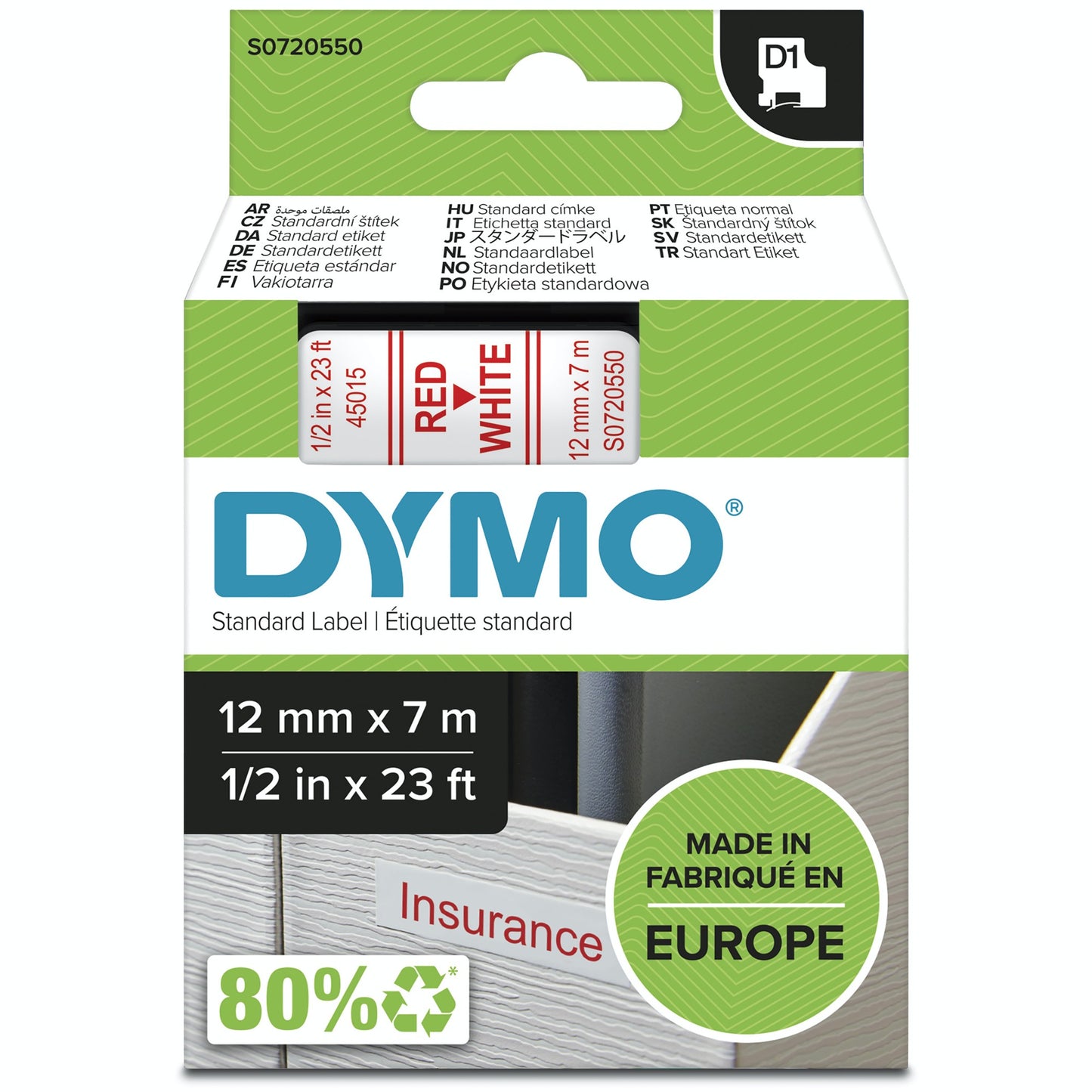 DYMO 45015/S0720550 DirectLabel-etikettes red on white 12mm x 7m for Dymo D1 Labels