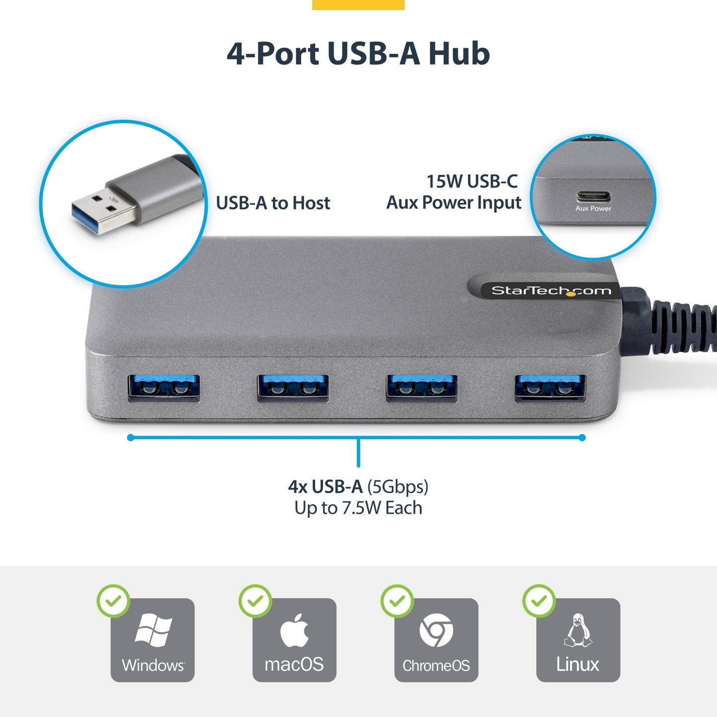 StarTech.com 4-Port USB-A Hub, 5Gbps, Bus Powered, USB-A to 4x USB-A Hub with USB-C