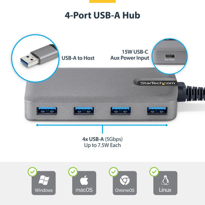 StarTech.com 4-Port USB-A Hub, 5Gbps, Bus Powered, USB-A to 4x USB-A Hub with USB-C