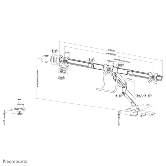 Neomounts NM-D775DX3BLACK Monitor arm 17-27" - gas spring - Topfix - 180°-stop