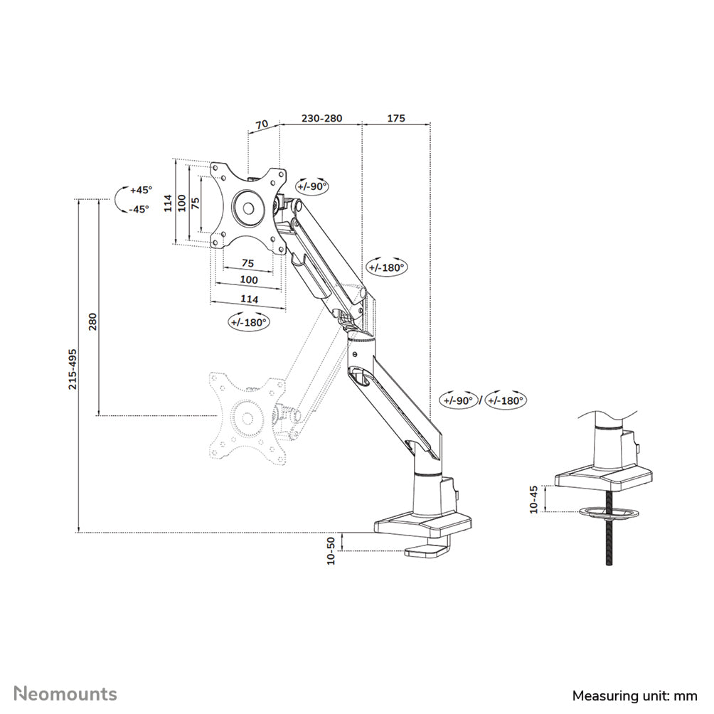 Neomounts DS70-250SL1 Monitor arm 17-35" - gas spring - Topfix - 180°-stop