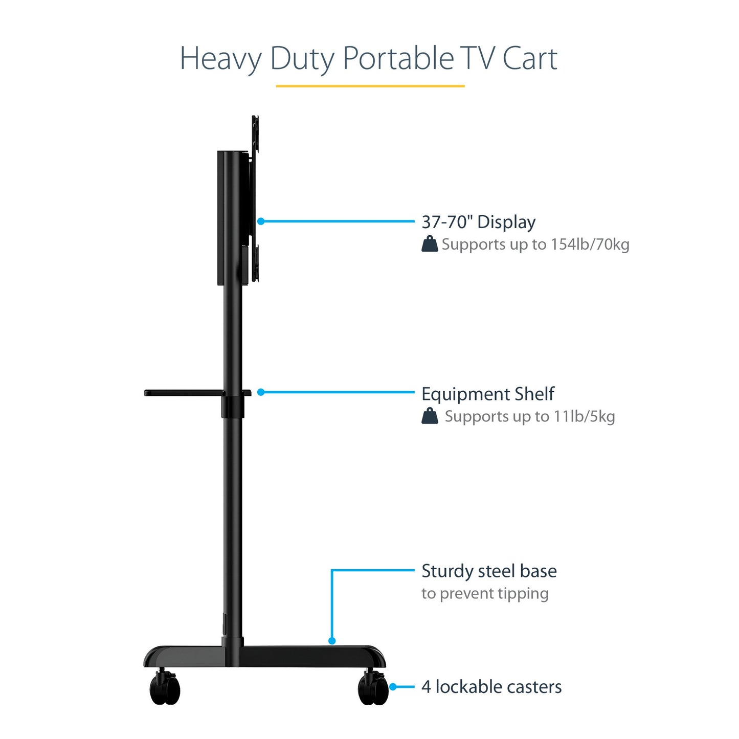 StarTech.com Mobile TV Cart - Portable Rolling TV Stand for 37-70" VESA Display Mount