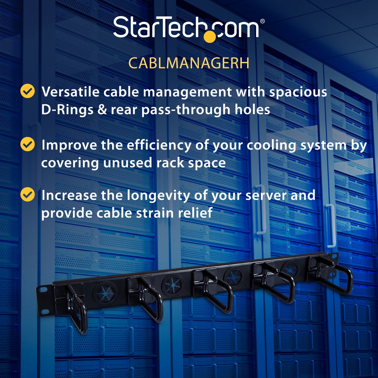 StarTech.com 1U 19" Cable Management Organizer - D Ring Hook Network/Server Rack