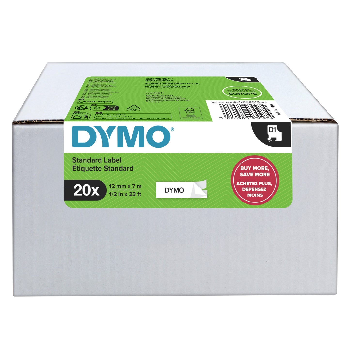 DYMO Authentic D1 Labels | Black Print on White | 12mm x 7m | Self-Adhesive Labels