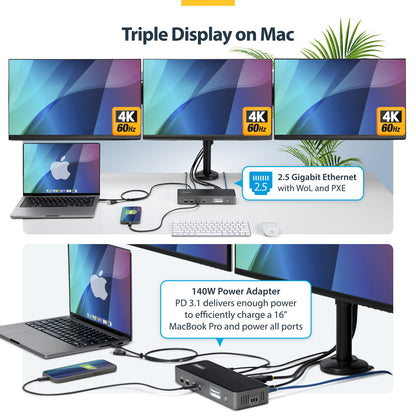 StarTech.com Triple-Monitor USB-C Docking Station 140W