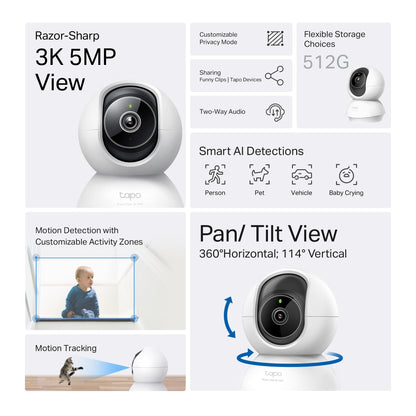 TP-LINK Tapo Pan/Tilt AI Home Security Wi-Fi Camera SPEC: 3K 5MP (2880×1620), 2.4