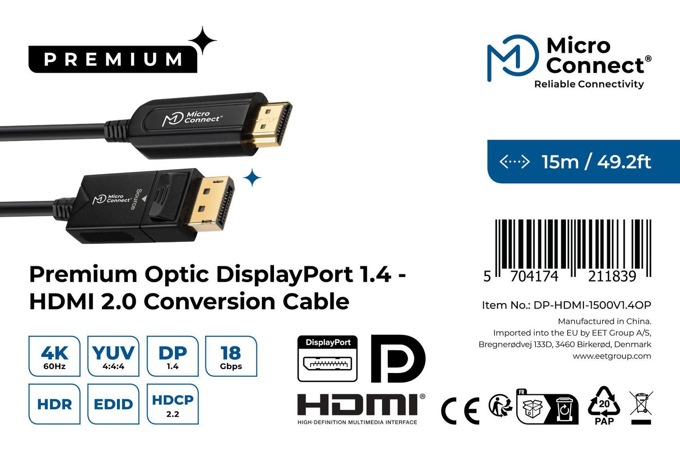 Microconnect DP-HDMI-1500V1.4OP video cable adapter 15 m DisplayPort Black
