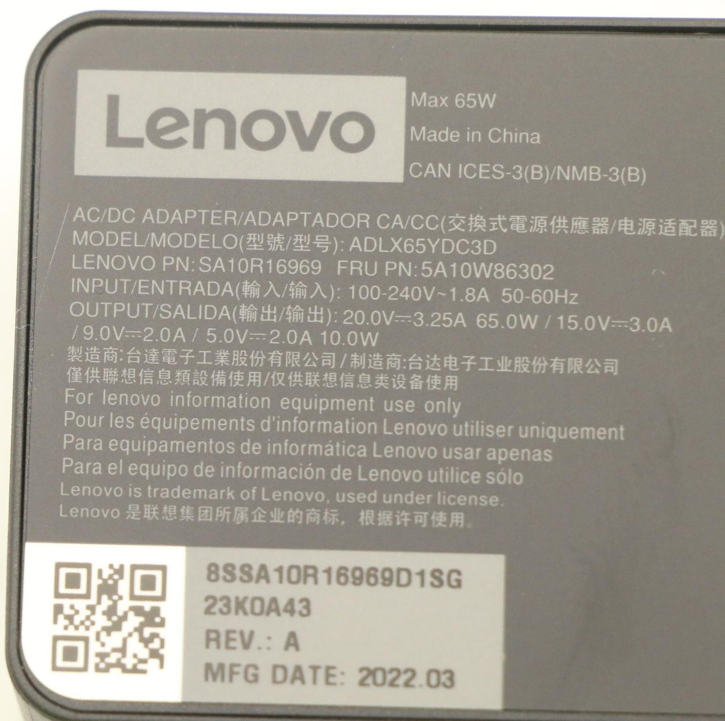 Lenovo 5A10W86302 power adapter/inverter Indoor 65 W Black Charger